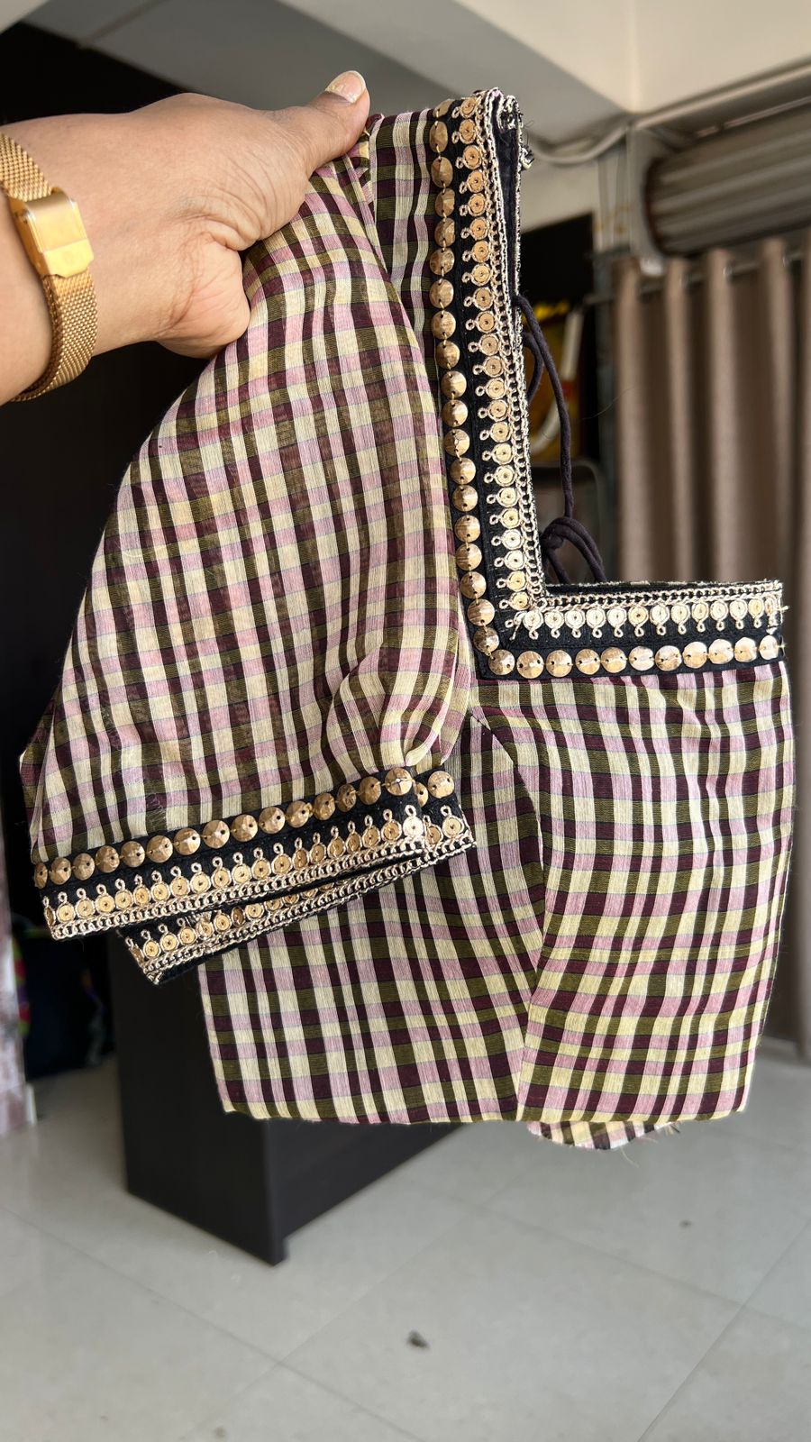 Ombre golden jute saree with hand work blouse