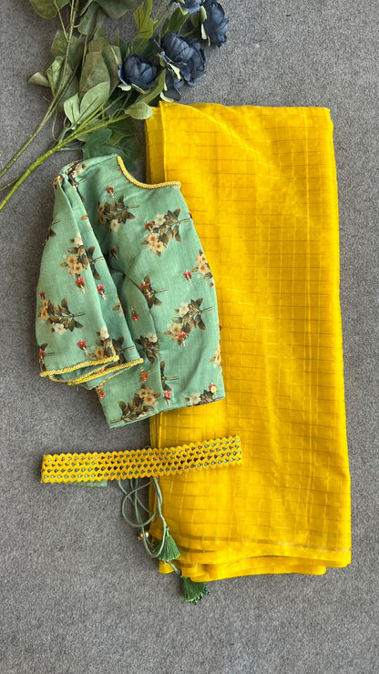 Yellow checked organza saree with hand work blouse