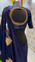 Blue georgette saree with taj embroidery work blouse