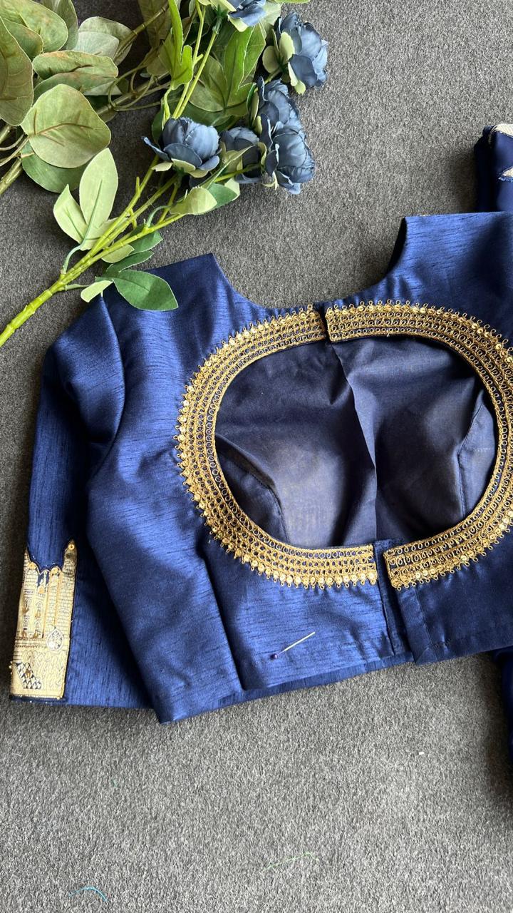 Blue georgette saree with taj embroidery work blouse