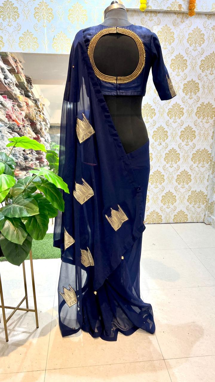 Blue georgette saree with taj embroidery work blouse