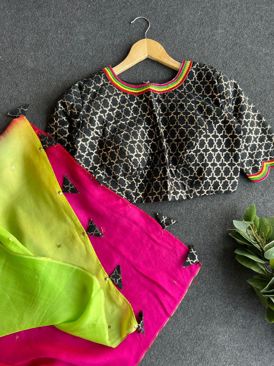 Pink & lemon chinnon saree with black embroidery work blouse