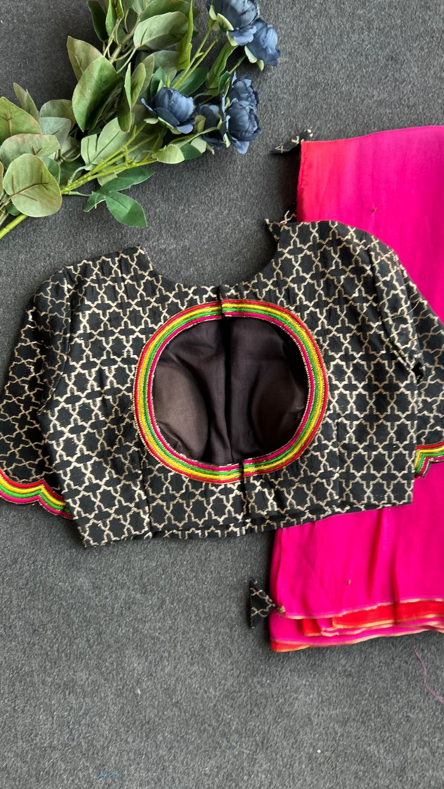 Pink & lemon chinnon saree with black embroidery work blouse