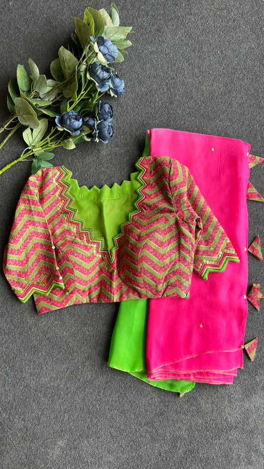 Pink & green jute saree with hand printed embroidery blouse