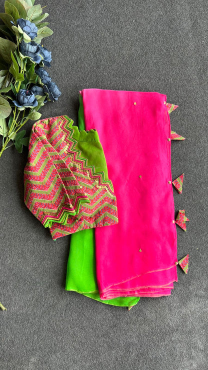Pink & green jute saree with hand printed embroidery blouse