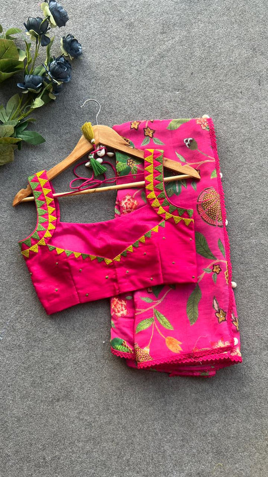 Pink viscose designer saree with hand worked blouse
