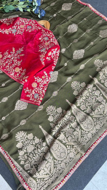 Green pure Gajji silk saree with heavy velvet embroidery blouse
