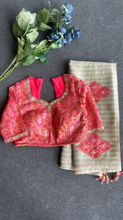 Copper stripped tissue saree with banarasi blouse