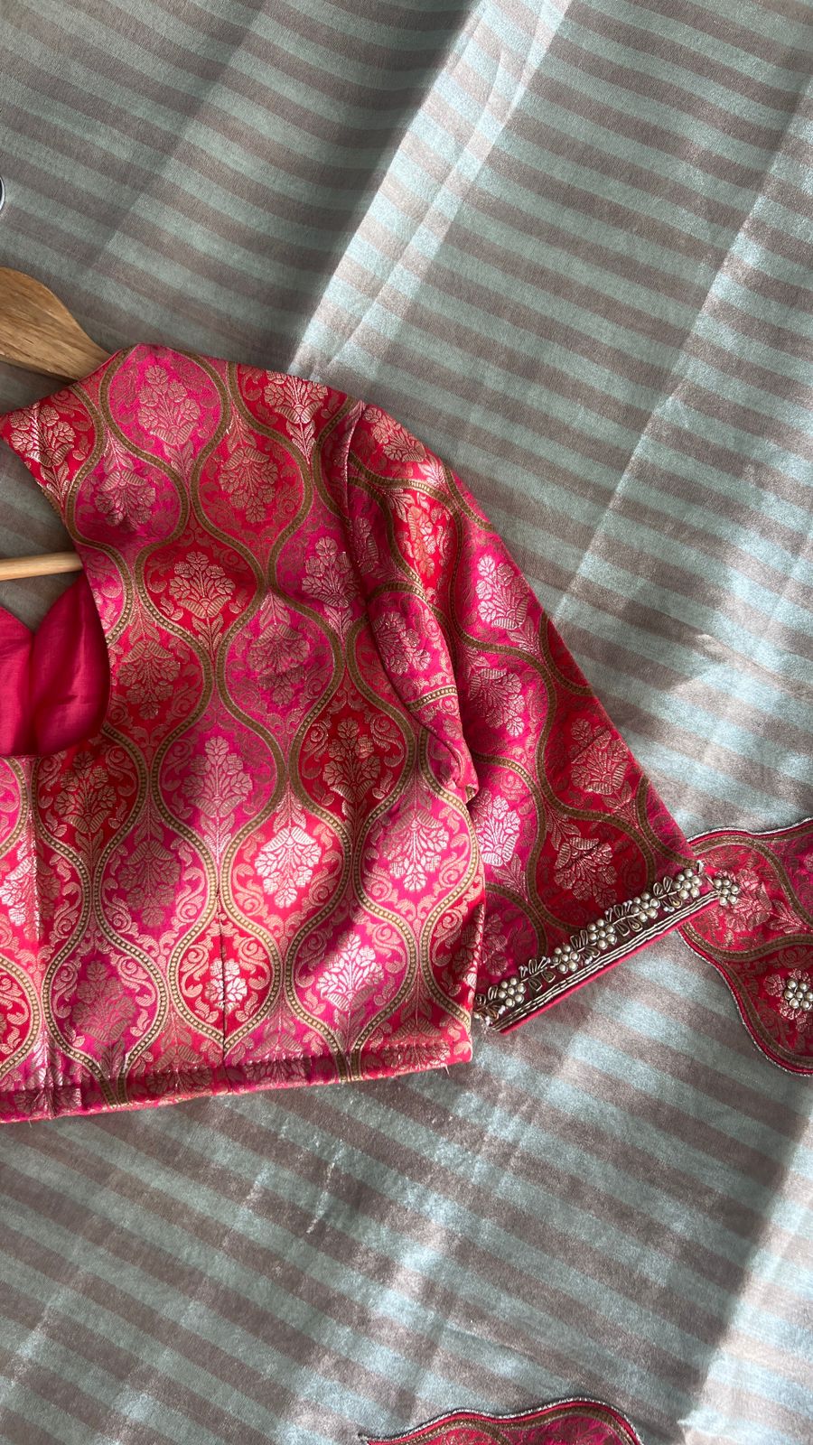 Copper stripped tissue saree with banarasi blouse