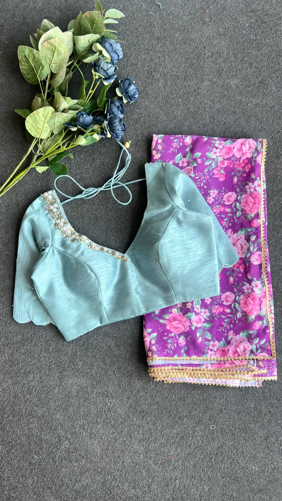 Purple floral georgette saree with hand worked blouse
