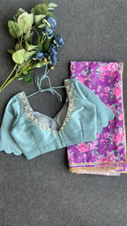 Pale blue silk pearl heavy hand worked blouse ( only blouse )