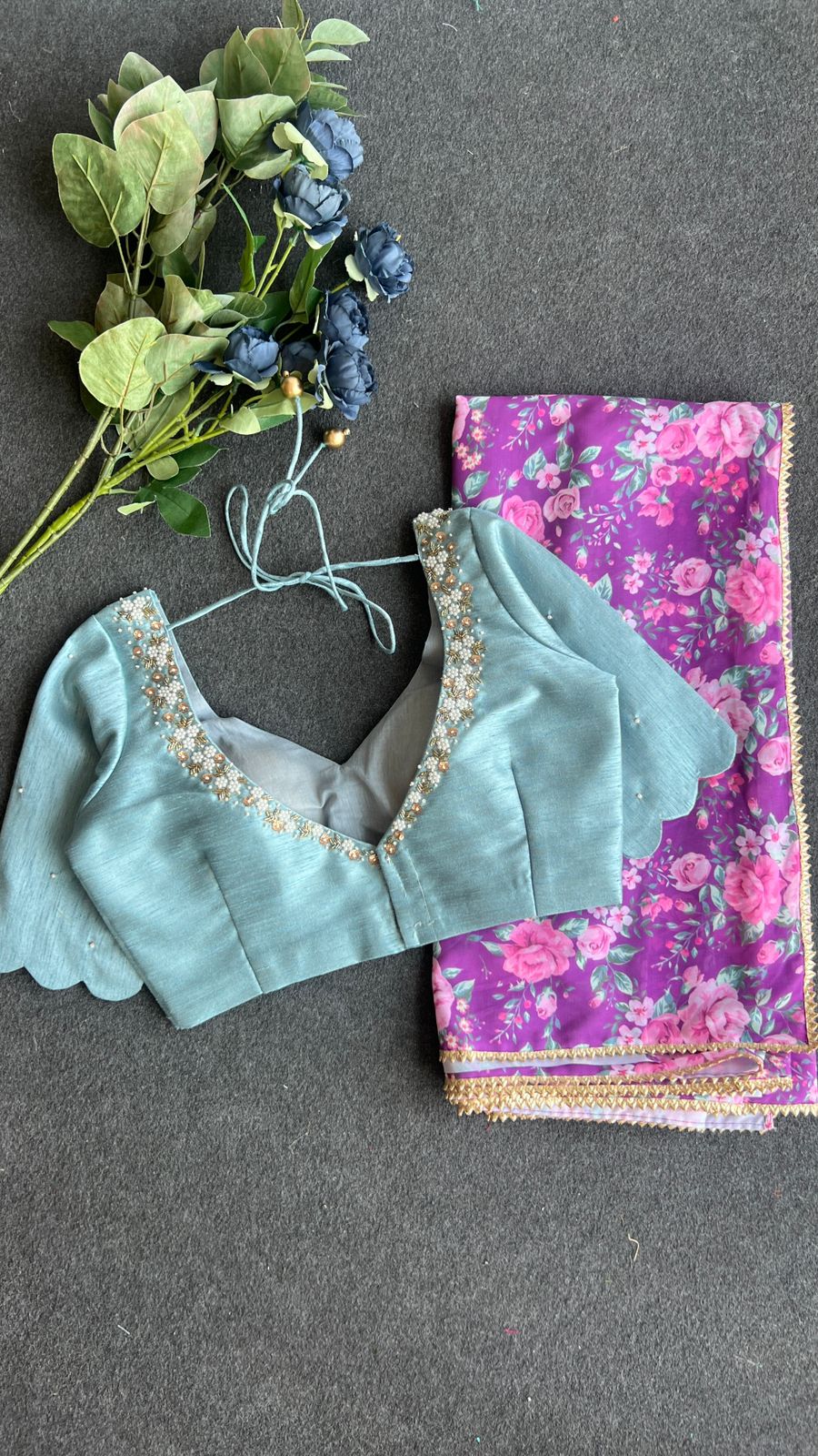Pale blue silk pearl heavy hand worked blouse ( only blouse )