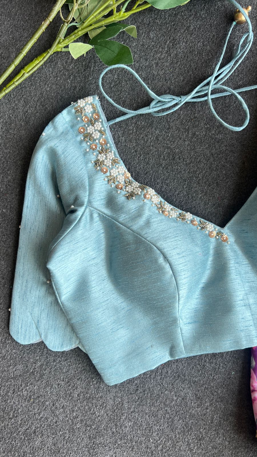 Pale blue silk pearl heavy hand worked blouse ( only blouse )