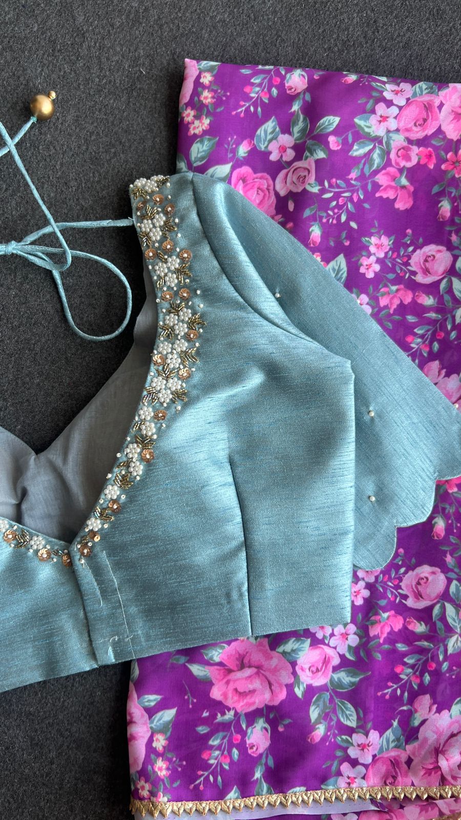 Purple floral georgette saree with hand worked blouse