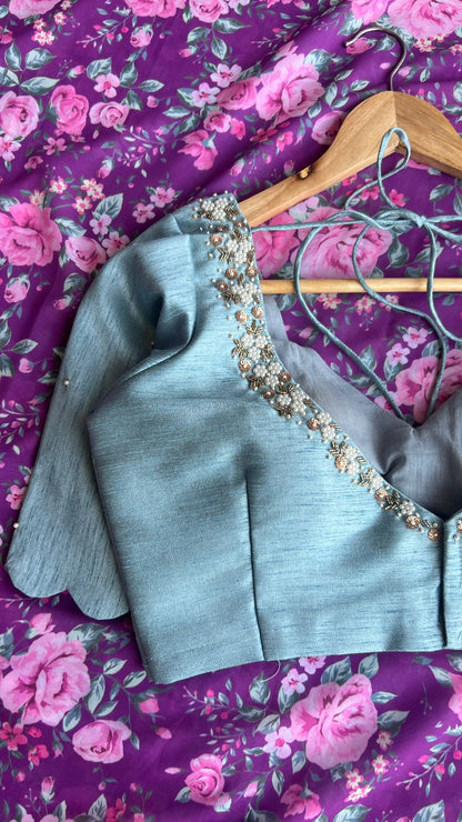 Pale blue silk pearl heavy hand worked blouse