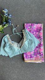 Purple floral georgette saree with hand worked blouse