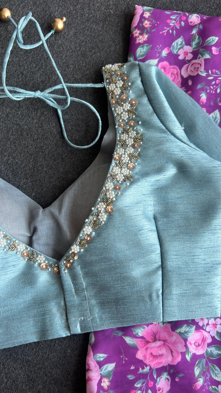 Purple floral georgette saree with hand worked blouse