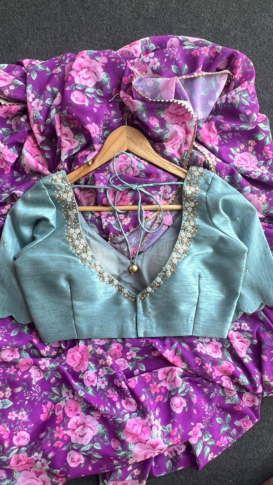 Pale blue silk pearl heavy hand worked blouse