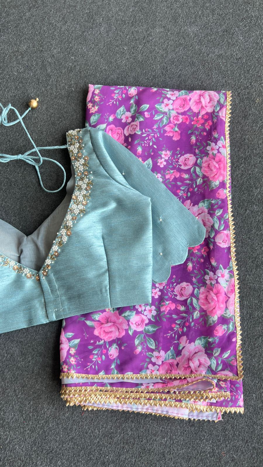 Pale blue silk pearl heavy hand worked blouse ( only blouse )