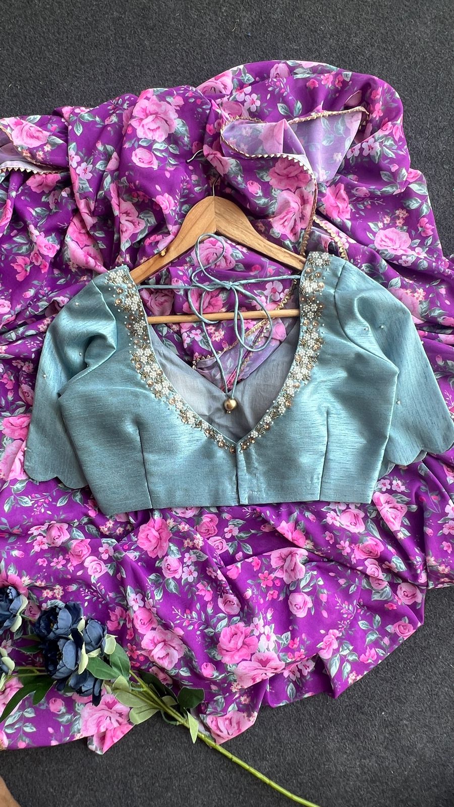 Pale blue silk pearl heavy hand worked blouse ( only blouse )