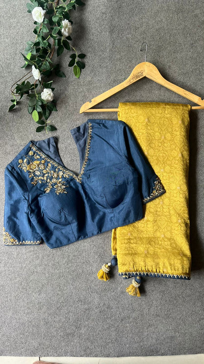 Golden yellow pure banarasi designer saree with hand worked blouse