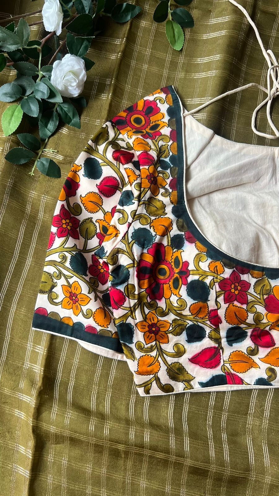 Mehandi green chiffon saree with floral position print blouse