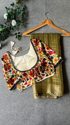 Mehandi green chiffon saree with floral position print blouse