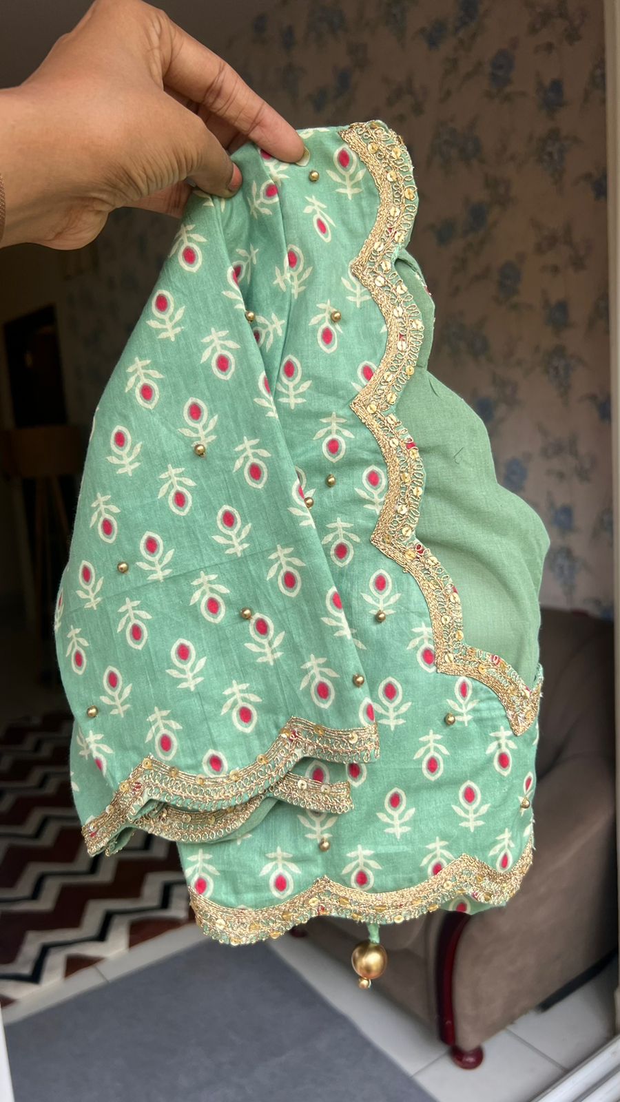 Beige silk designer saree with pista green embroidered blouse