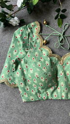 Beige silk designer saree with pista green embroidered blouse