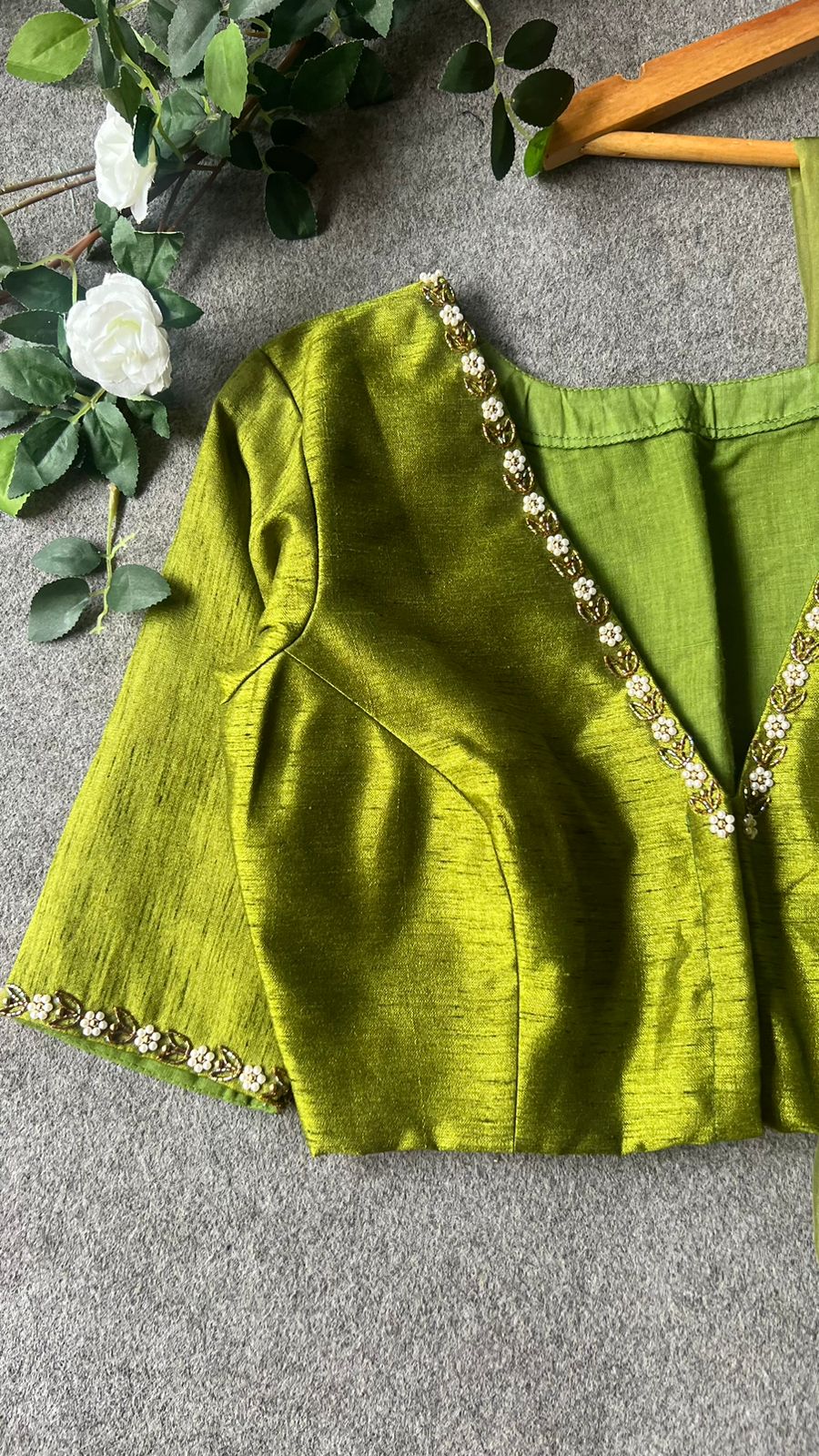 Green soft organza saree with hand worked blouse
