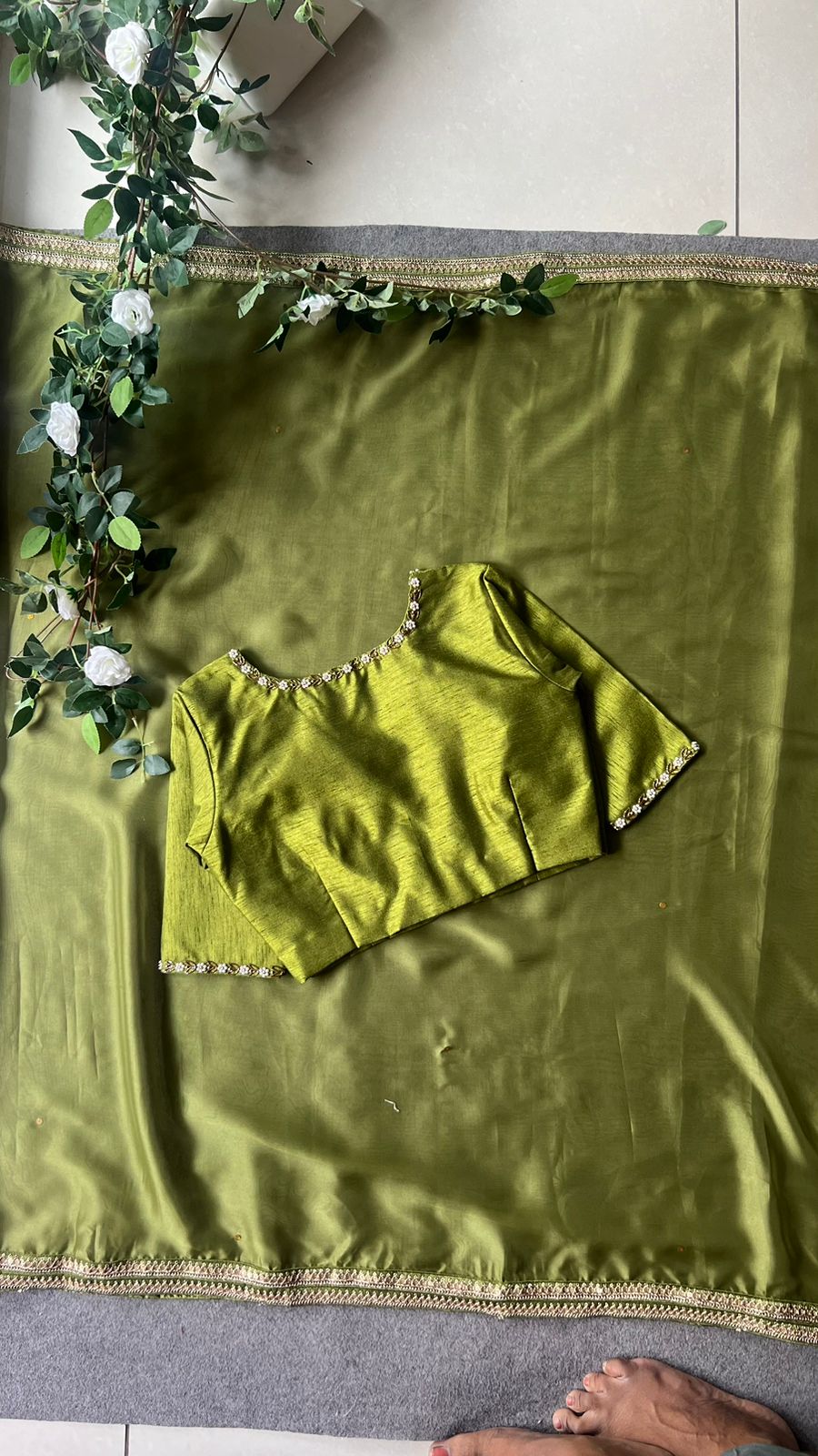Green soft organza saree with hand worked blouse