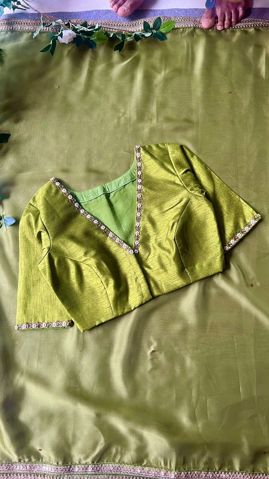 Green soft organza saree with hand worked blouse