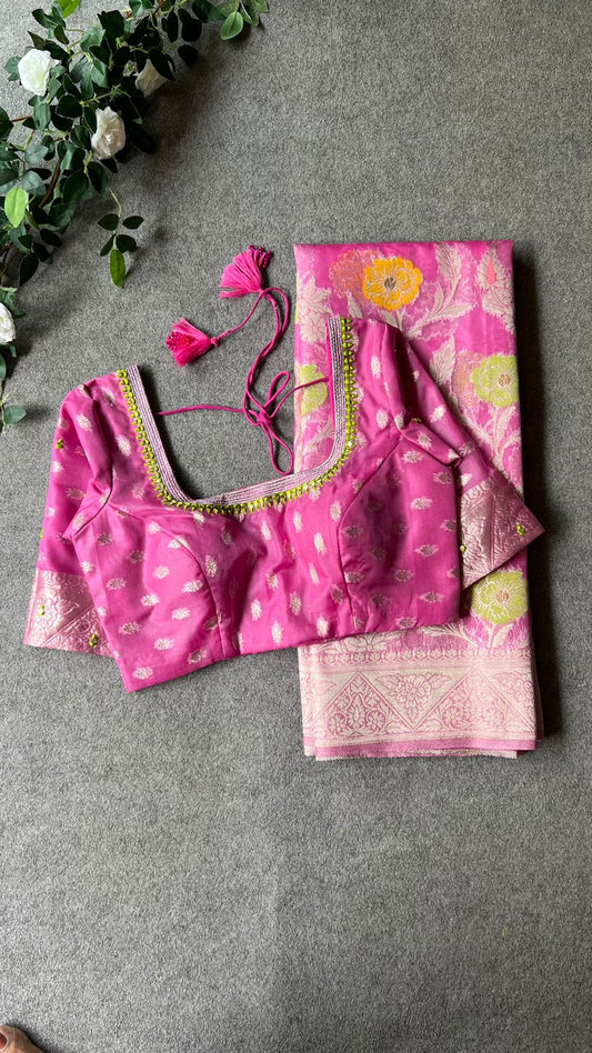 Pink organza floral designer saree with mirror embroidery blouse