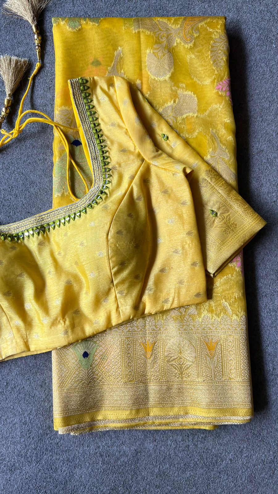 Yellow organza floral designer saree with mirror embroidery blouse