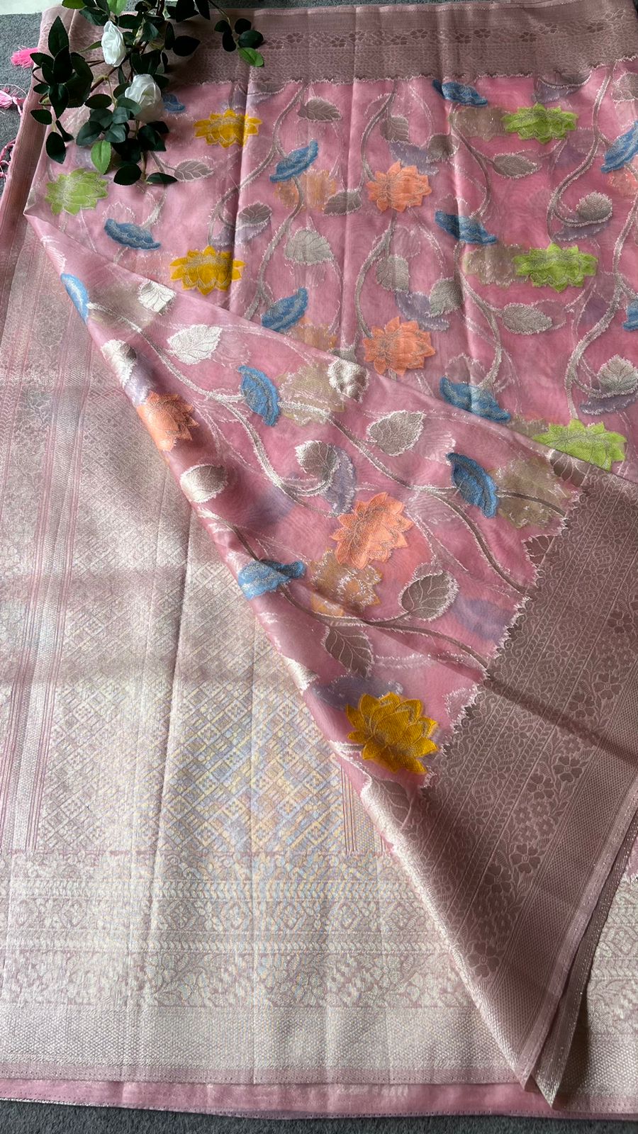 Baby pink organza floral designer saree with mirror embroidery blouse