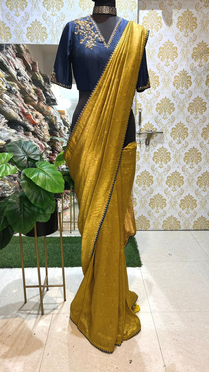 Golden yellow pure banarasi designer saree with hand worked blouse
