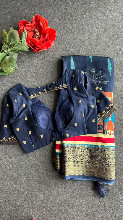 Blue silk printed saree with hand worked blouse