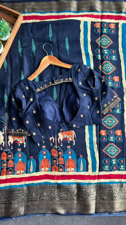 Blue silk printed saree with hand worked blouse