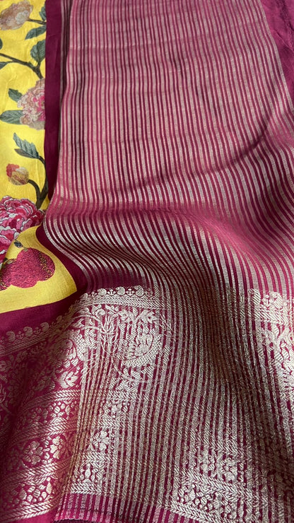 Yellow silk printed saree with hand worked blouse
