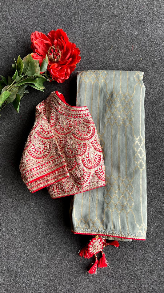 Grey silk saree with red heavy embroidery work blouse