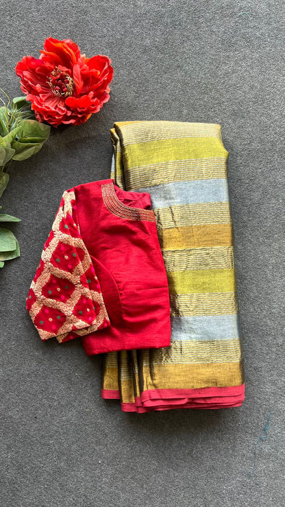 Multi tissue saree with red banarasi blouse