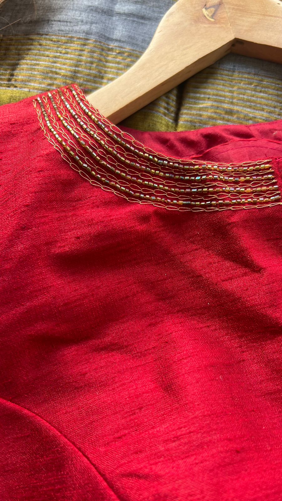 Multi tissue saree with red banarasi blouse
