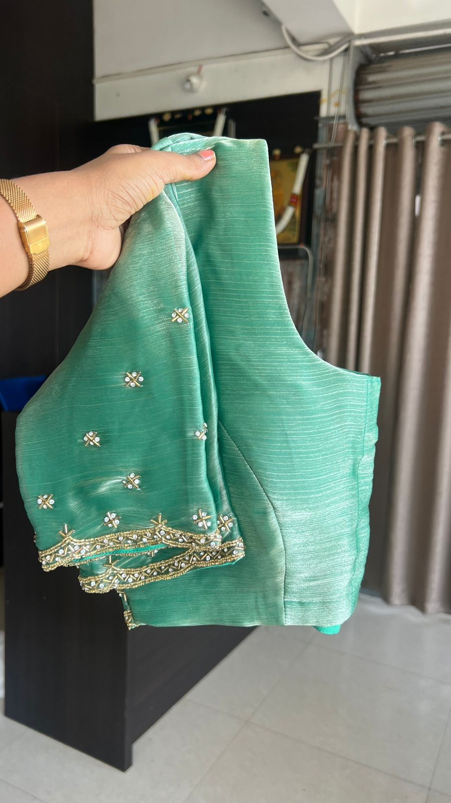 Sea green shimmer silk saree with hand worked blouse