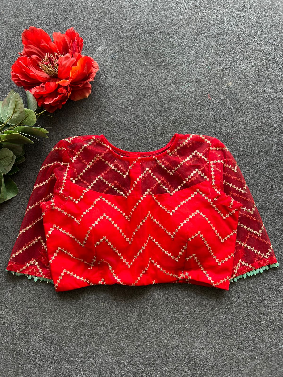 Red sequins embroidery netted blouse