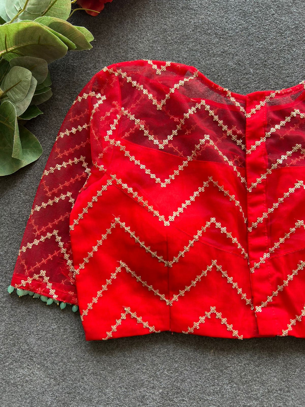 Red sequins embroidery netted blouse