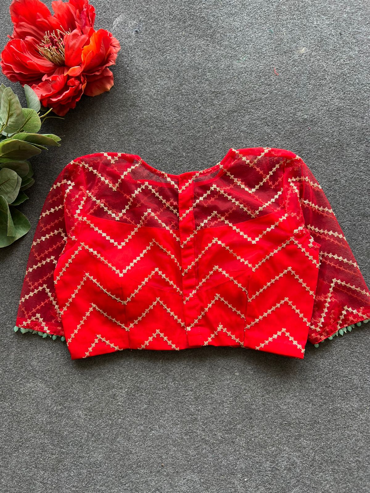 Red sequins embroidery netted blouse