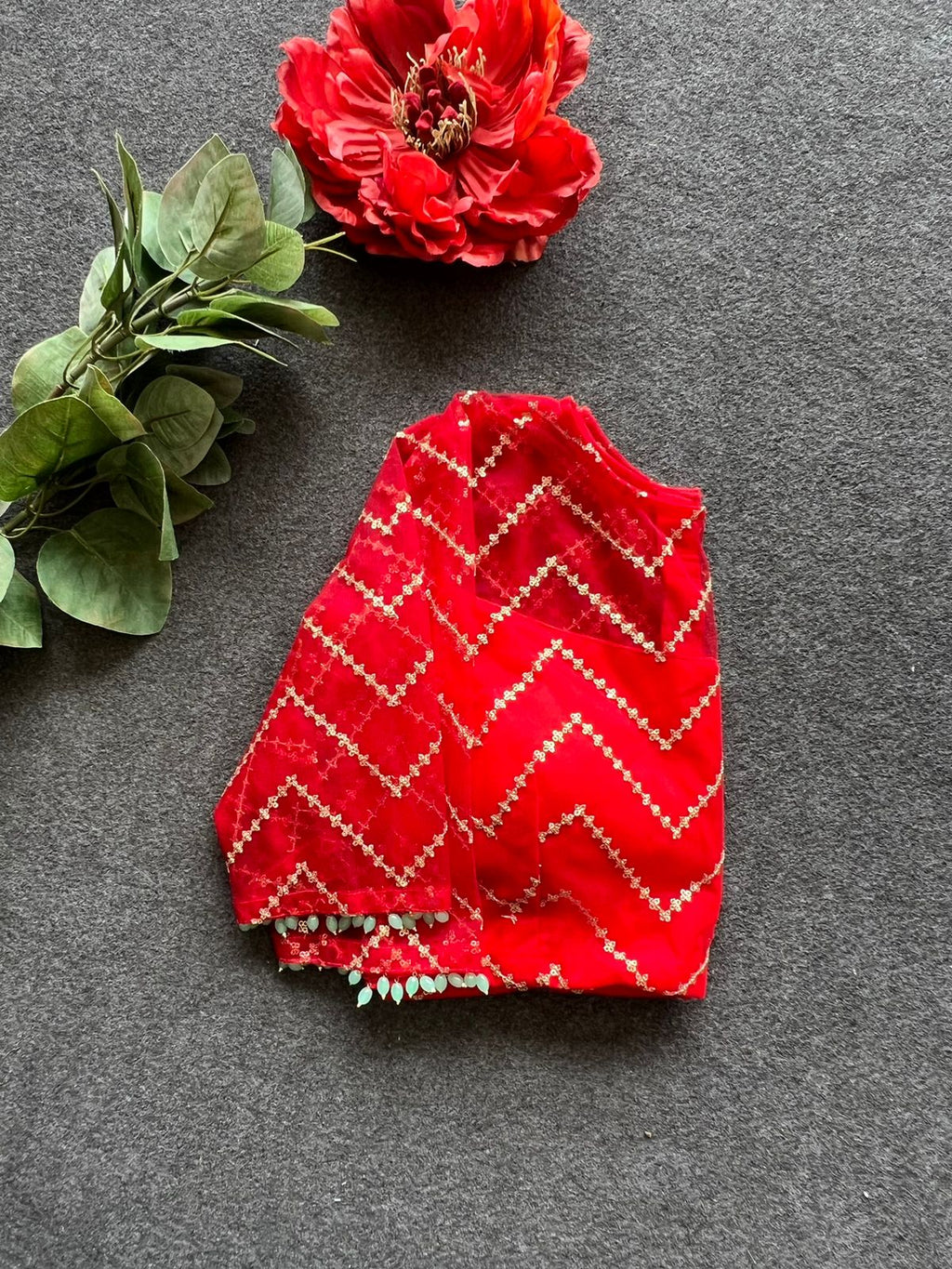 Red sequins embroidery netted blouse