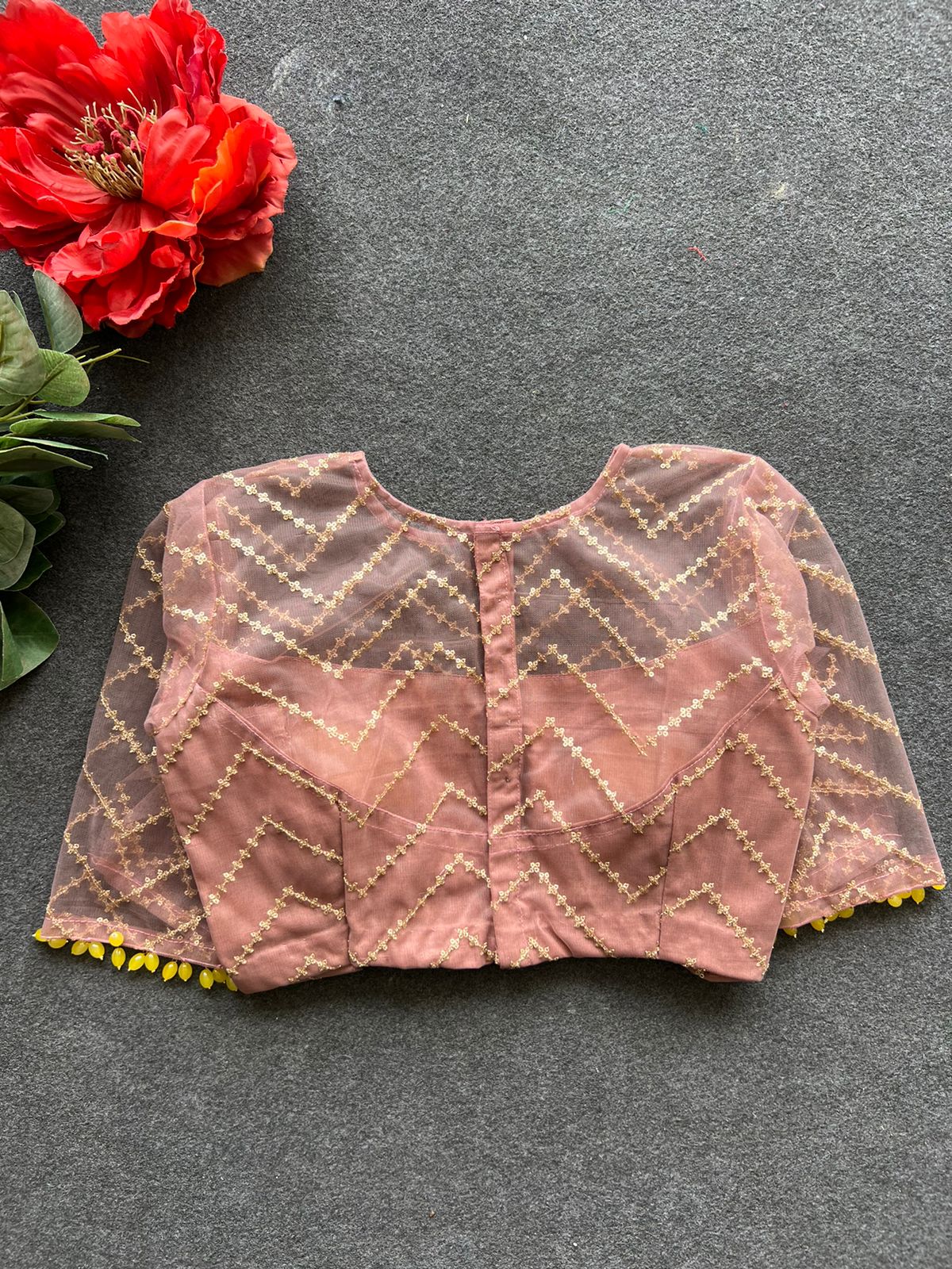 Peach sequins embroidery netted blouse