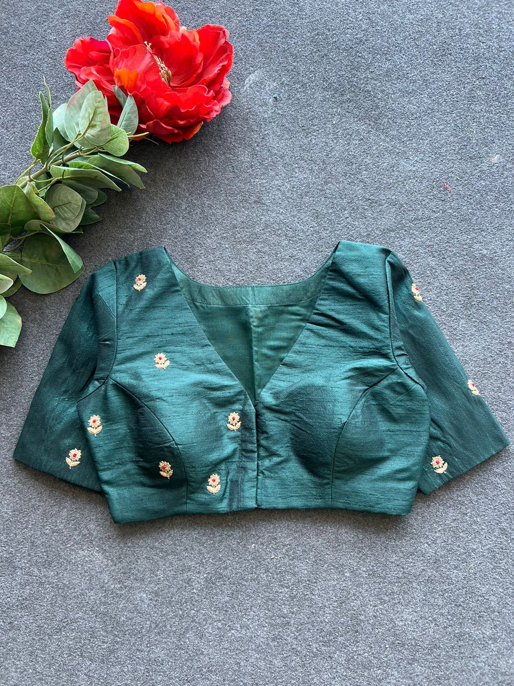 Bottle green silk heavy hand work blouse