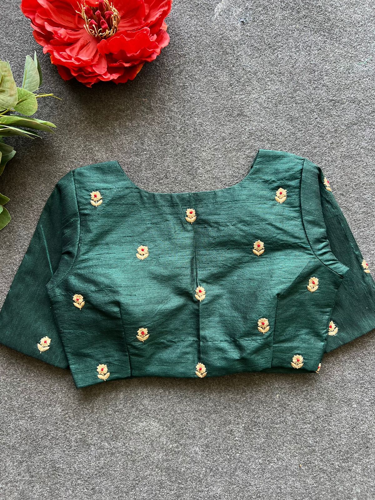 Bottle green silk heavy hand work blouse